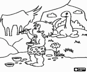 malvorlagen Ein pr�historischer k�nstler, der einen h�hleanstrich darstellt einen b�ffel in der wand einer h�hle verwirklicht, w�hrend durch einen dinosaurier von der au�enseite beobachtet wird ausmalbilder