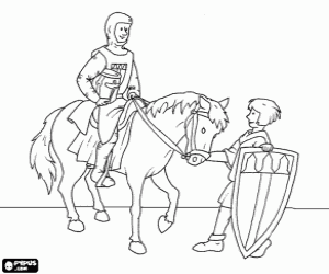 malvorlagen Ein ritter mit seinem pferd und seinem schildknappe mit dem shild ausmalbilder