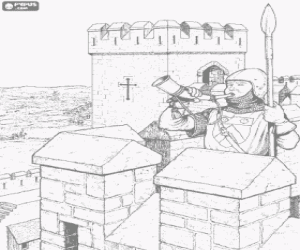 malvorlagen Ein w�chter auf dem turm mit der wiedergabe des horn und seinen speer in der hand ausmalbilder