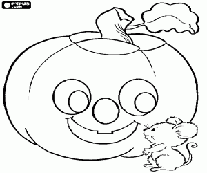 malvorlagen Eine freundliche kleine maus neben einem Halloween-K�rbis mit einem l�chelnden gesicht ausmalbilder