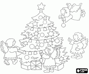 malvorlagen Engelen schm�cken einen Weihnachtsbaum mit sternen und kugeln ausmalbilder