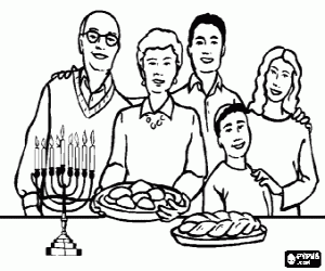 malvorlagen Familie in der feier der Chanukka mit dem neunarmige leuchter chanukkia und typische lebensmittel des festes, levivot und sufgainot ausmalbilder