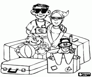malvorlagen Familie mit gep�ck bereit f�r den sommer: taschen, ball, puppe, tauchausr�stung, kamera und sonnenbrille ausmalbilder