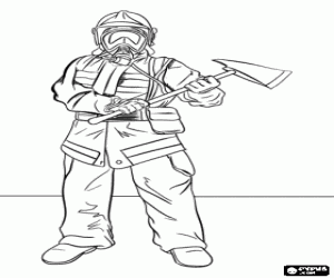 malvorlagen Feuerwehrmann mit Helm, Maske und Axt einsatzbereit ausmalbilder