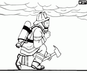 malvorlagen Feuerwehrmann mit Maske, Sauerstoffflasche und Axt zu Fu� kauerte unter dem dichten Rauch aus einem Feuer ausmalbilder