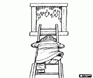 malvorlagen Feuerwehrmann oder Feuerwehrmann klettern, um eine Verl�ngerung Leiter durch das Fenster in einem Geb�ude, wo ein Feuer ist in Kraft ausmalbilder
