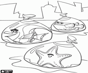 malvorlagen Freunde von Nemo, Khan, Bella und Puff, in taschen voll wasser und endlich frei von den goldfischglas ausmalbilder