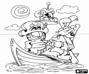 malvorlagen Garfield und seine Freunde Pooky und Odie als Piraten verkleidet in einem kleinen Boot ausmalbilder