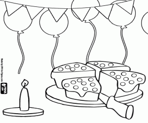 malvorlagen Geburtstagskuchen aufgeteilt in vier gro�e st�cke und ornamente mit einer kerze, ballone und papierf�hnchen ausmalbilder