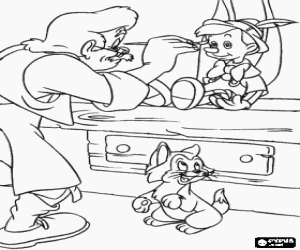 malvorlagen Gepetto, die alten tischler, malerei seine neue marionette aus holz, Pinocchio, unter dem wachsamen katze Figaro ausmalbilder