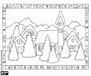 malvorlagen Gerahmte landschaft eines dorfes in der Weihnachtszeit ausmalbilder