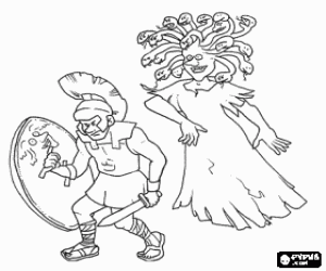 malvorlagen Griechische soldaten mit seinem helm, schwert und schild mit Medusa, ein gorgon, hinter ihrem r�cken ausmalbilder