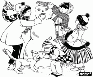 malvorlagen Gruppe von kindern spielen und einen hund, einen schneemann ausmalbilder