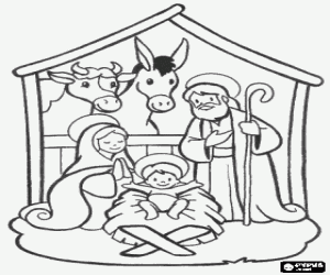 malvorlagen Hauptanblick Weihnachtskrippe mit der Heiligen Familie in einer scheune zusammen mit dem ochsen und dem esel ausmalbilder