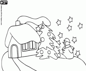 malvorlagen Haus mit dem Schornstein rauchte mit einem Weihnachtsbaum und ein Schneemann unter den Sternen ausmalbilder
