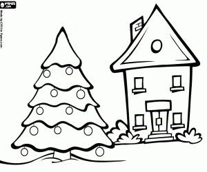 malvorlagen Haus mit einem gro�en geschm�ckten Weihnachtsbaum im garten ausmalbilder