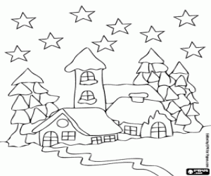 malvorlagen H�user in den verschneiten Wald unter den Sternen am Heiligabend ausmalbilder