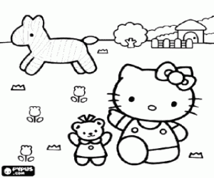 malvorlagen Hello Kitty auf dem gebiet mit einem pferd und einem bauernhof hintergrund ausmalbilder
