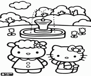malvorlagen Hello Kitty mit ihrer Freundin Fifi vor einem sch�nen Springbrunnen im Park ausmalbilder