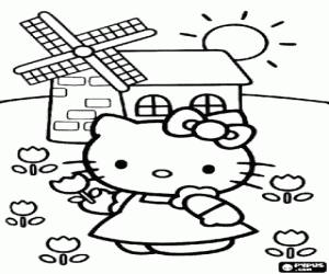 malvorlagen Hello Kitty nimmt mohn w�hrend einem spaziergang vorbei an einer windm�hle auf dem gebiet ausmalbilder