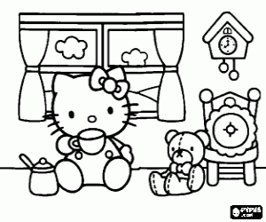 malvorlagen Hello Kitty trinken eine tasse vor dem fenster mit ihrem teddyb�r Tiny Chum ausmalbilder