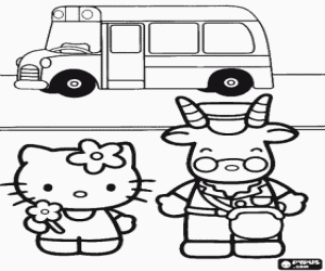 malvorlagen Hello Kitty und der fahrer oder der schule busfahrer steht vor dem fahrzeug ausmalbilder