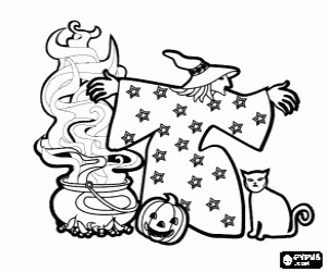 malvorlagen Hexe im die Halloween-Nacht mit den kochenden kessel, die k�rbis und die katze ausmalbilder