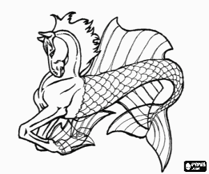 malvorlagen Hippokamp oder hippocamp - Tier mit kopf, rumpf und das pferd vor den beinen und dem r�cken eines gro�en fisch ausmalbilder