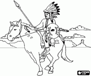 malvorlagen Indischer krieger reiten in der ebene mit bergen mit ihren federn, schild und speer ausmalbilder