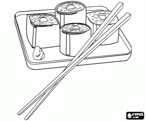 malvorlagen Japanisches Essen mit St�bchen, wird es als Maki Sushi ist bekannt, weil mit Seetang gerollt ausmalbilder
