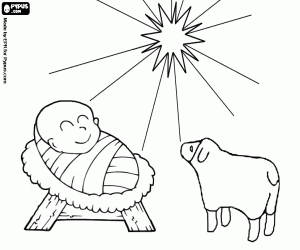 malvorlagen Jesus in der krippe von einem lamm unter dem Stern von Bethlehem begleitet ausmalbilder