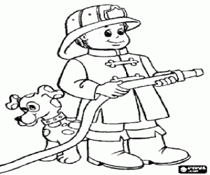 malvorlagen Jung Feuerwehrmann mit dem Schlauch bereit, mit seinem Hund ausmalbilder