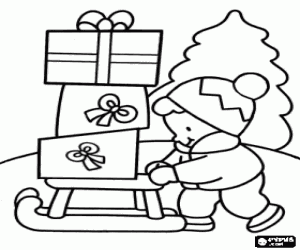 malvorlagen Junge mit einem Schlitten voller Weihnachtsgeschenke ausmalbilder