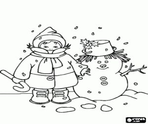 malvorlagen Kind mit schal, wolle hut und einen stock mit einem schneemann mit stechpalme bl�tter ausmalbilder
