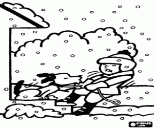 malvorlagen Kind versucht, einen Spaziergang mit dem Hund w�hrend eines schweren Schneef�lle nehmen ausmalbilder