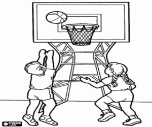 malvorlagen Kinder spielen Basketball, wirft den Ball in den Korb ausmalbilder