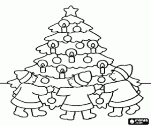 malvorlagen Kinder um einen Weihnachtsbaum mit Kerzen beleuchtet ausmalbilder