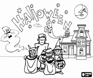 malvorlagen Kinder verkleidet als monster und hexen vor einem spukhaus mit geistern der Halloween-nacht ausmalbilder