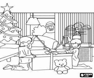malvorlagen Kinder zur Er�ffnung einer gro�en Weihnachtsgeschenk unter den Augen von Santa Claus ausmalbilder