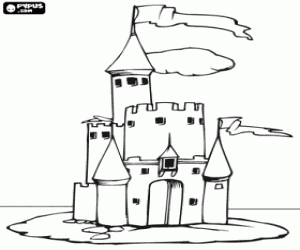 malvorlagen Kleine burg mit einem hohen turm mit fahne ausmalbilder
