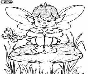 malvorlagen Kleine elf oder kobold sitzt auf einem pilz beobachten den flug eines schmetterlings ausmalbilder