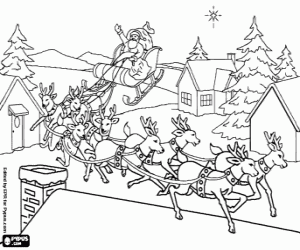 malvorlagen Landschaft eines dorfes in der Weihnachten Nacht mit Santa Claus in seinem magischen schlitten und seine rentiere fliegen �ber die d�cher der h�user ausmalbilder
