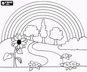 malvorlagen Landschaft im fr�hling mit blumen, b�umen und der regenbogen ausmalbilder