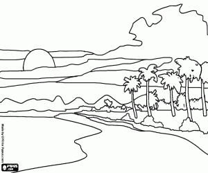 malvorlagen Landschaft von einer tropischen insel mit palmen und berge im hintergrund wolken ausmalbilder