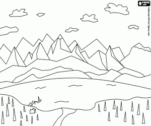 malvorlagen Landschafts-see und berge im hintergrund und mit einem haus und einem kleinen boot vor anker ausmalbilder