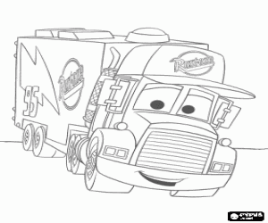 malvorlagen Mack, der Lastwagen, Anh�nger-Laufwerke Lightning McQueen zu den Rennen ausmalbilder