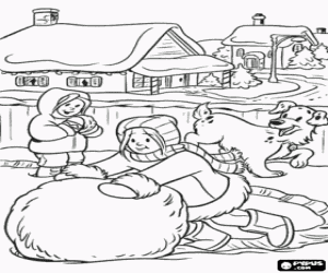 malvorlagen M�dchen mit einem hund im schnee spielen, macht einen gro�en ball mitten im winter ausmalbilder