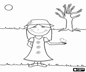 malvorlagen M�dchen mit einer feder kleid mit einem vogel in der hand und eine junge baum im hintergrund ausmalbilder