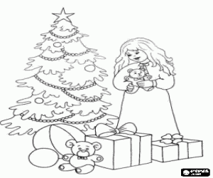 malvorlagen M�dchen mit Weihnachtsgeschenke in der N�he des Baumes ausmalbilder