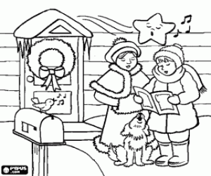 malvorlagen M�dchen singen Weihnachtslieder mit ihrem Hund vor einem Haus ausmalbilder